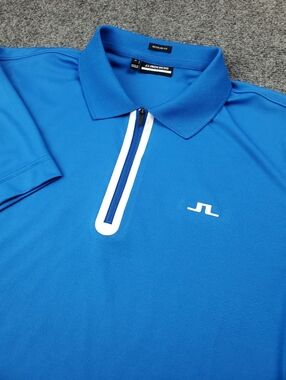 J Lindeberg Polo Shirt Mens Medium Golf Performance Regular Fit Blue Zip Collar